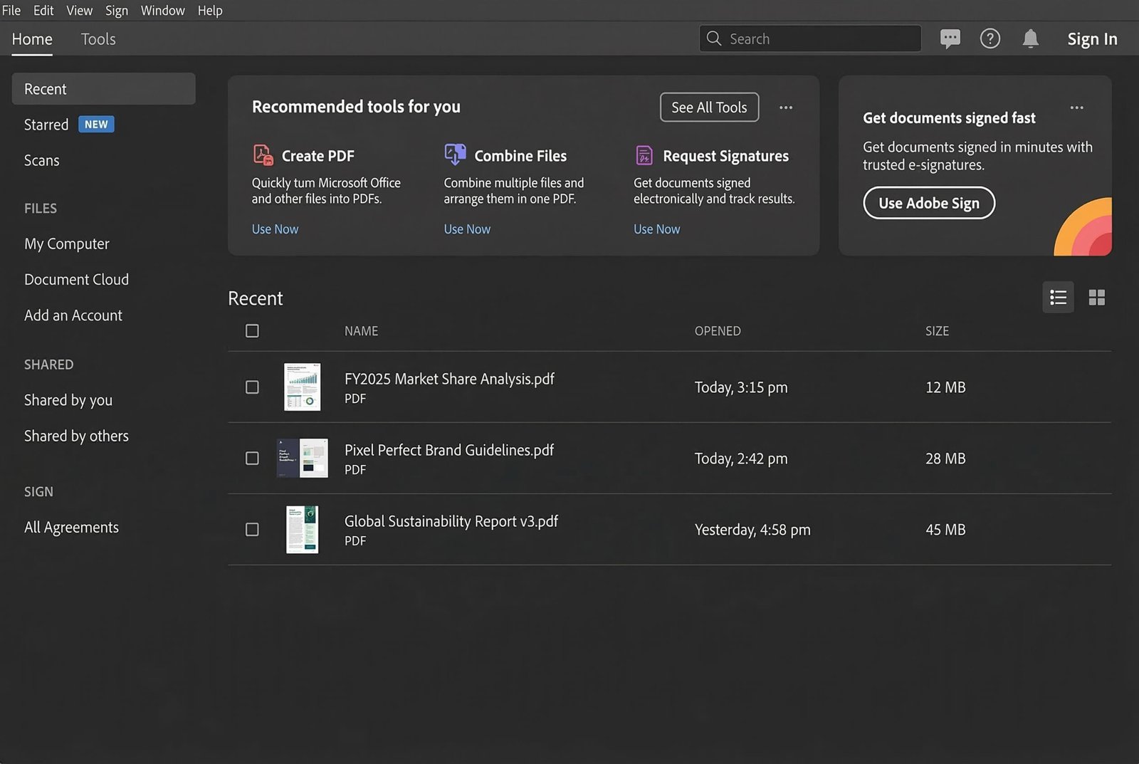 Adobe Acrobat Pro DC 2026 Dashboard – Access all tools for PDF creation, e-signatures, and document management