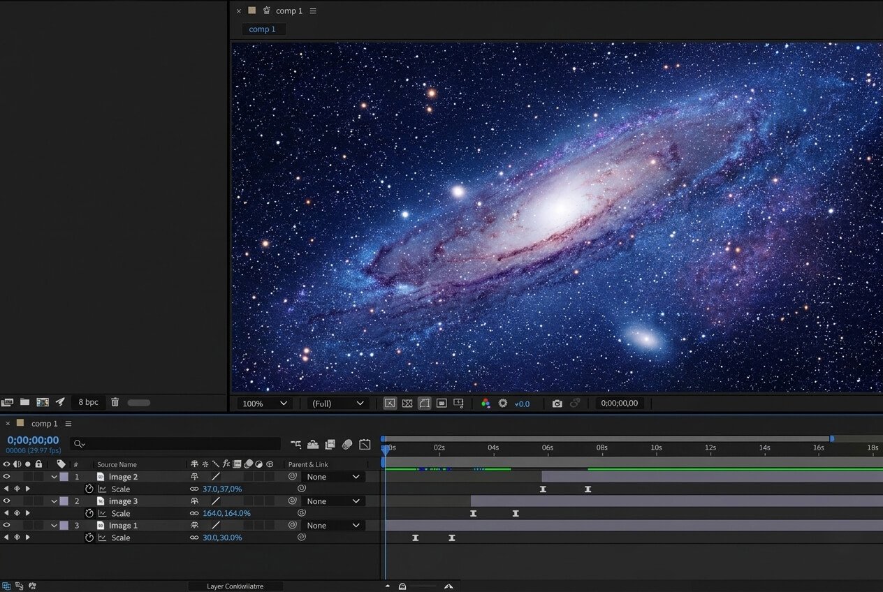 Adobe After Effects 2026 Workspace showing galaxy animation and multi-layered timeline rendering