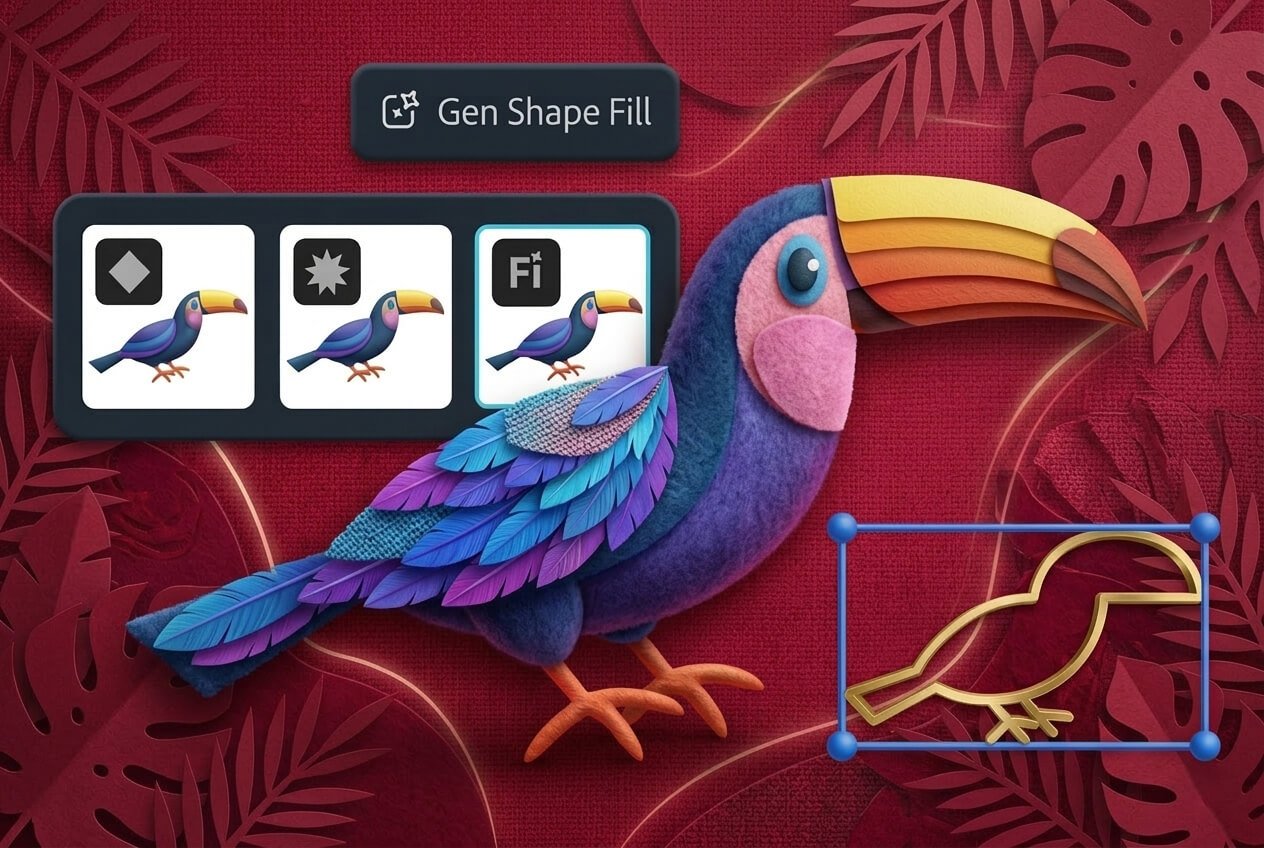 Adobe Illustrator 2026 Generative Shape Fill tool creating a colorful Toucan illustration