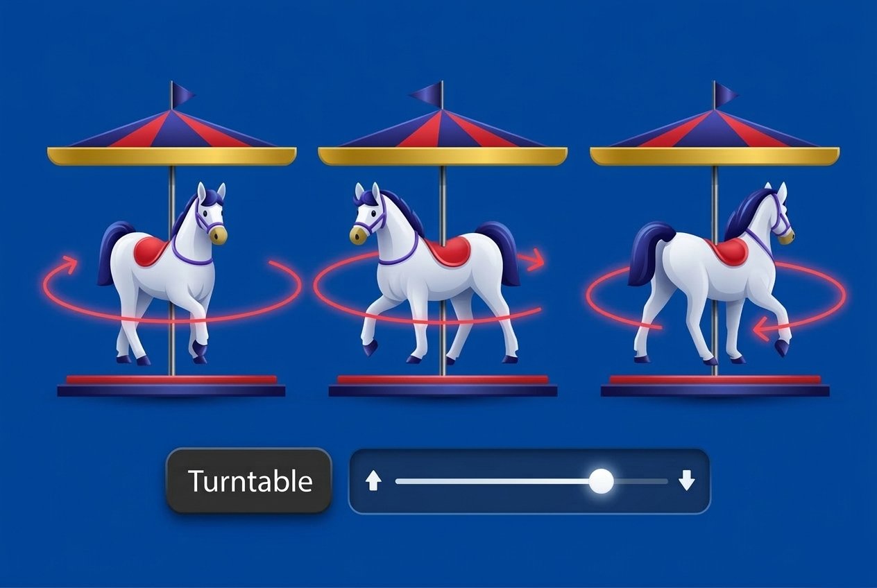 Adobe Illustrator 2026 Turntable feature demonstrating 3D carousel horse rotation