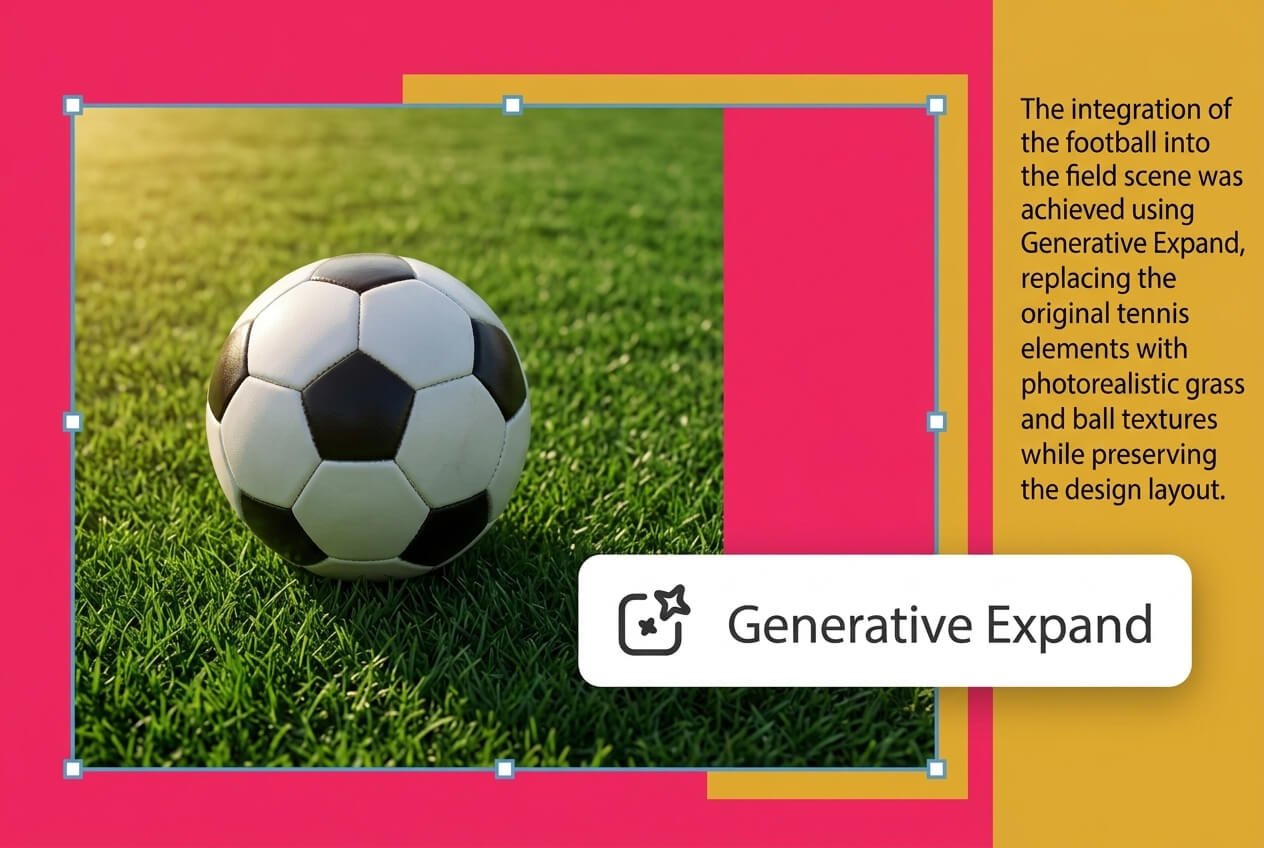 Adobe InDesign 2026 Generative Expand feature using AI to intelligently extend image boundaries and replace design elements with photorealistic textures.