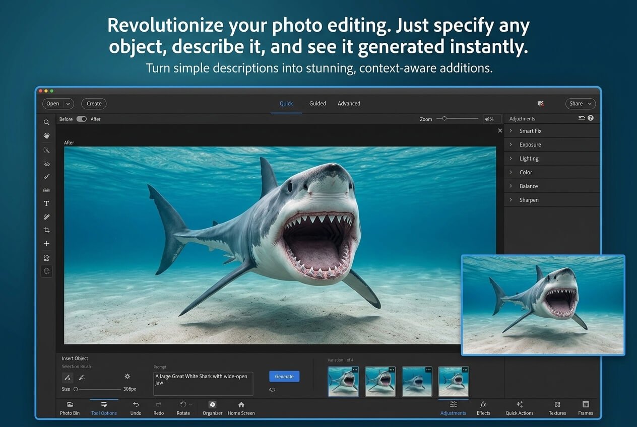 Adobe Photoshop Elements 2026 Generative AI Text to Image - Firefly Powered Shark Illustration