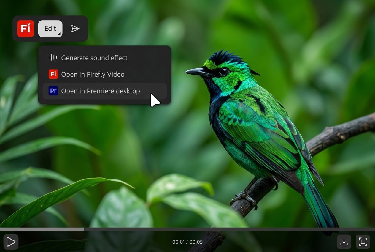 Adobe Firefly Video integration in Premiere Pro desktop showing AI-generated sound effects and cinematic color grading.