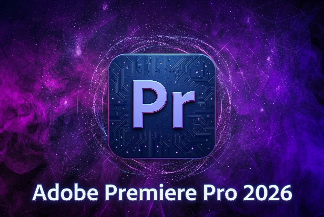 Official Adobe Premiere Pro 2026 software icon on a professional purple digital background for video editing licenses.