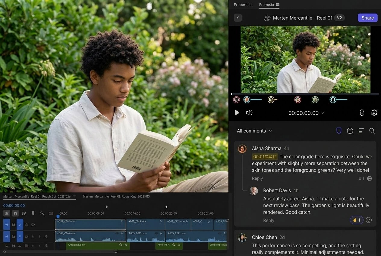 Premiere Pro cloud collaboration tools and frame-specific feedback comments for remote video editing teams.