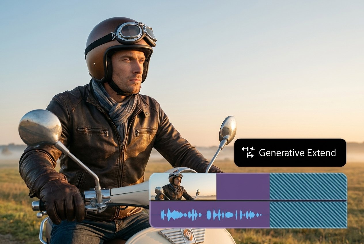 Adobe Premiere Pro AI Generative Extend feature demonstration showing timeline extension on a cinematic outdoor video clip.
