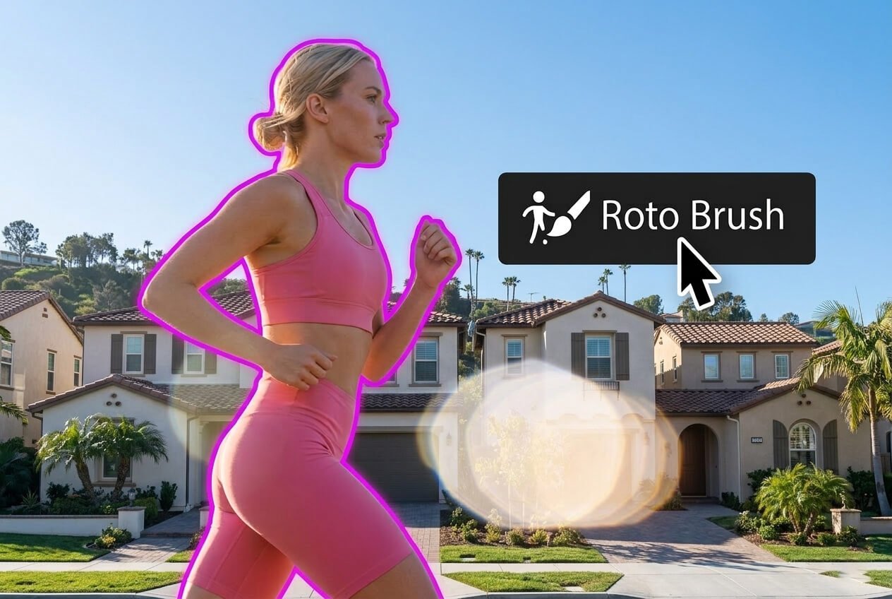 Adobe After Effects 2026 AI Roto Brush tool isolating a moving subject for background replacement