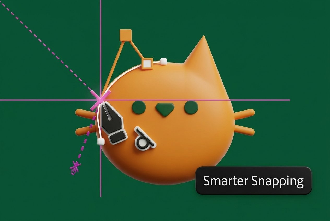 Adobe Illustrator 2026 Smarter Snapping feature with Pen Tool on 3D cat character
