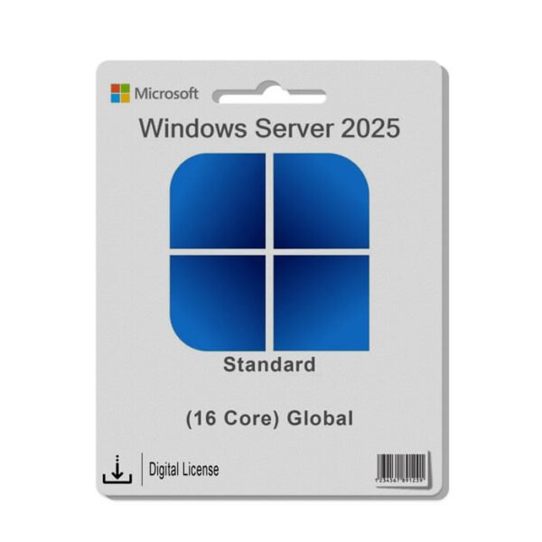Microsoft Windows Server Standard 2025 edition with 16-core processor for enterprise use.